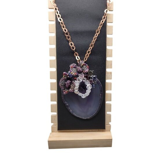 Large Amethyst Slice & Stone Pendant Necklace Cubic Zirconia 18" Copper Chain - Picture 1 of 16